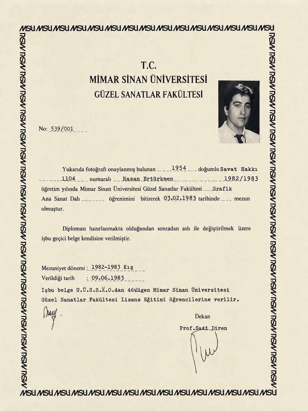Hasan Ertürkmen — Mimar Sinan Üniversitesi Güzel Sanatlar Fakültesi Grafik diploması, 1983